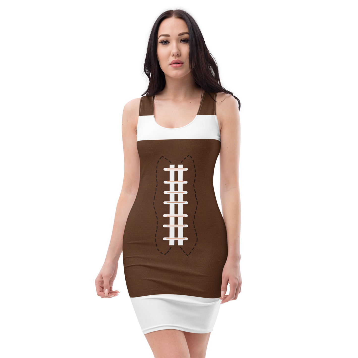 American football ball inspired bodycon tank spandex dress for women. Great for sport events, Super Bowl, Rugby, party, as Halloween, cosplay costume or a gift. Flattering silhouette, stretchable, sleeveless fitted dress. Premium quality butter soft, smooth, comfortable fabric which is light, breathable. Sizes XS-XL.